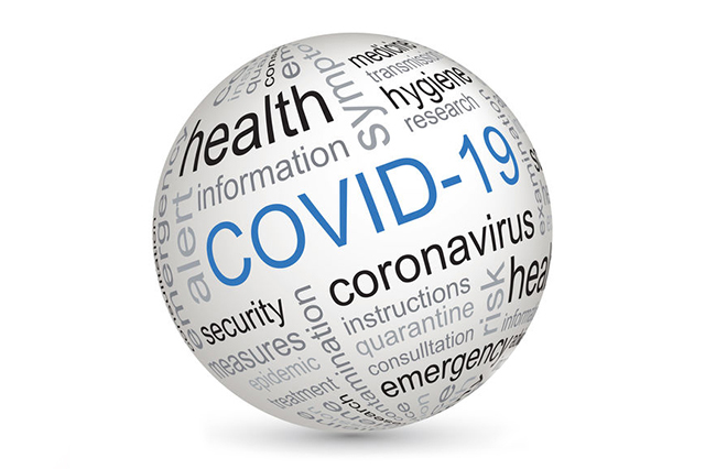 A graphic of a ball with coronavirus lettering