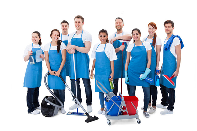 An image showing a team of operatives wporking on hygiene services with buckets and vacuum equioment.
